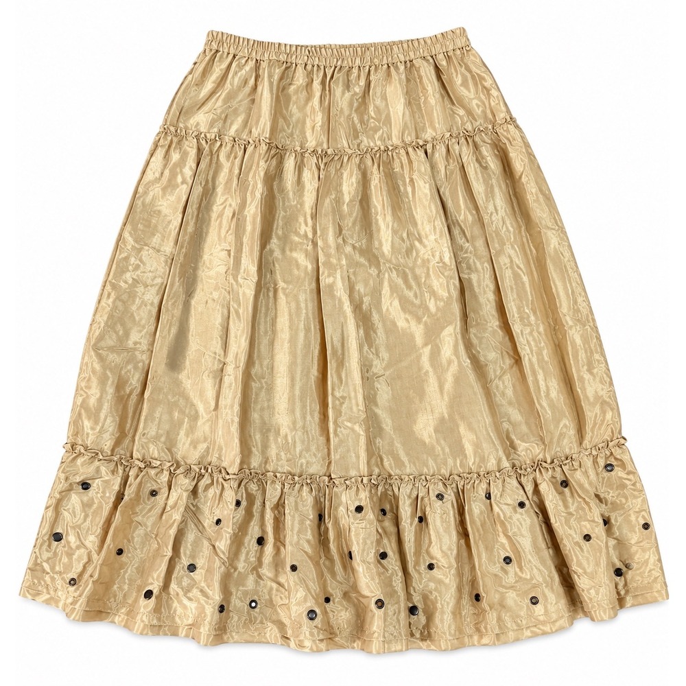 Mossimo Gold Rayon Tiered Midi Skirt Grommet Trim Boho Elastic Waist Medium